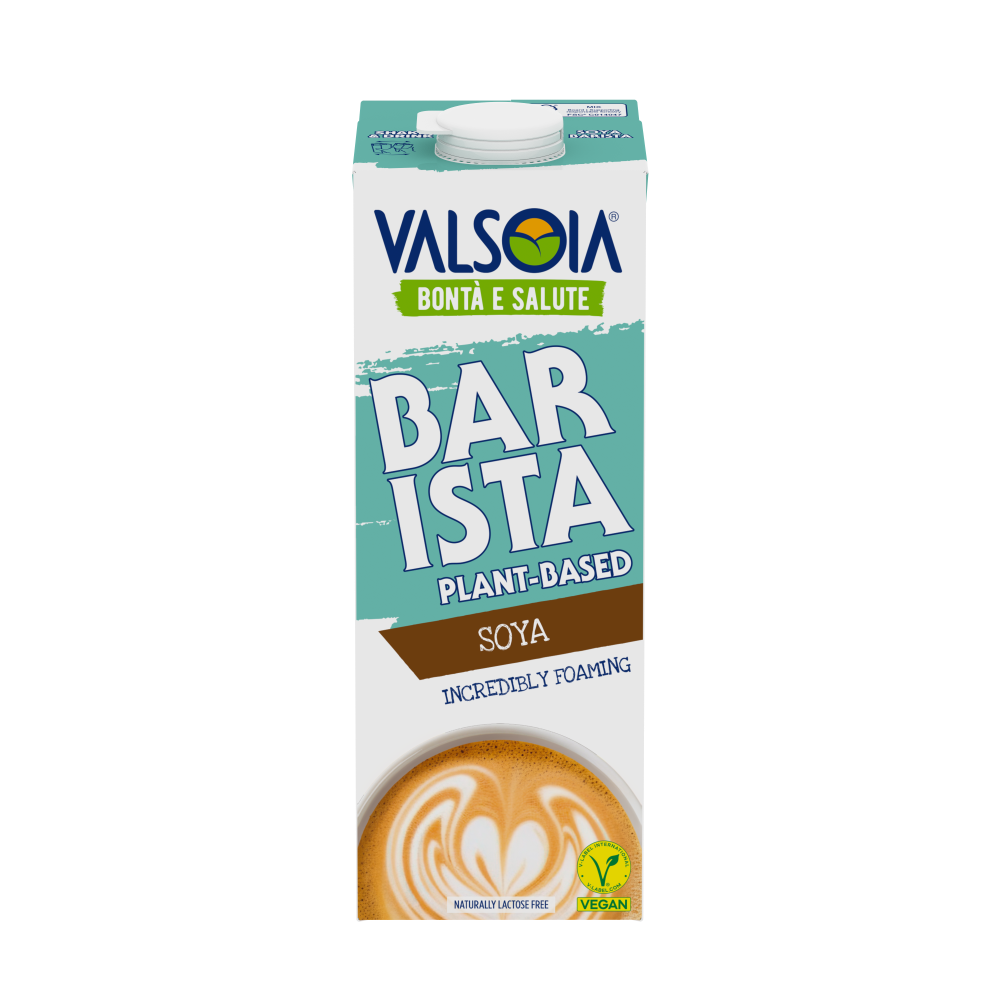 Valsoia Barista Plant-Based Soya drink, featuring a turquoise and white design with an image of a cappuccino topped with latte art. The text highlights it is incredibly foaming.