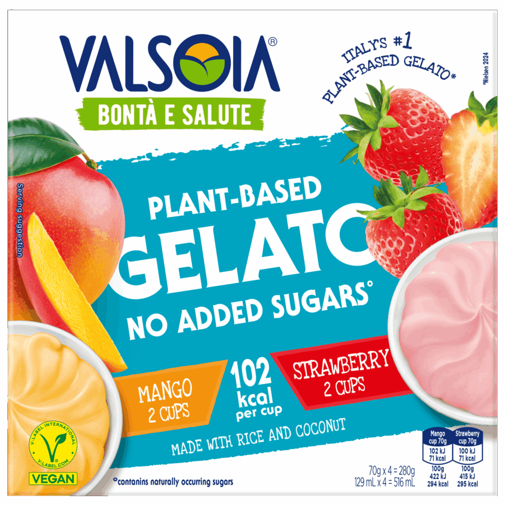 Valsoia plant-based 4-mini cups packaging, featuring 2 mango cups and 2 strawberry cups vegan ice cream made with rice and coconut.