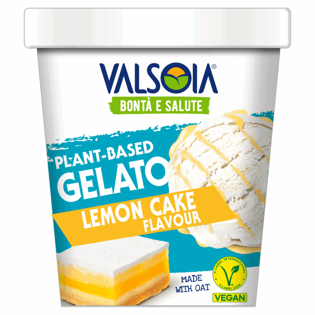 Valsoia plant-based pint, featuring lemon cake flavour vegan ice cream made with oat.