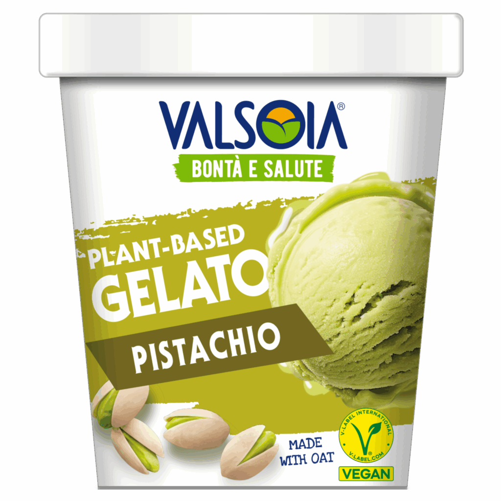 Valsoia plant-based pint, featuring pistachio vegan ice cream made with oat.